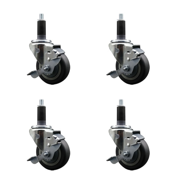 3.5'' Thermoplastic Rubber Swivel 1-1/8'' Expanding Stem Caster Set with Brake, 4PK